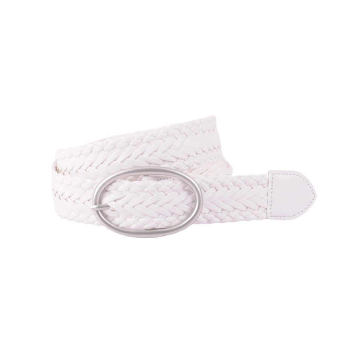 WOVEN BELT W/SILVER OVAL BUCKLE - WHITE