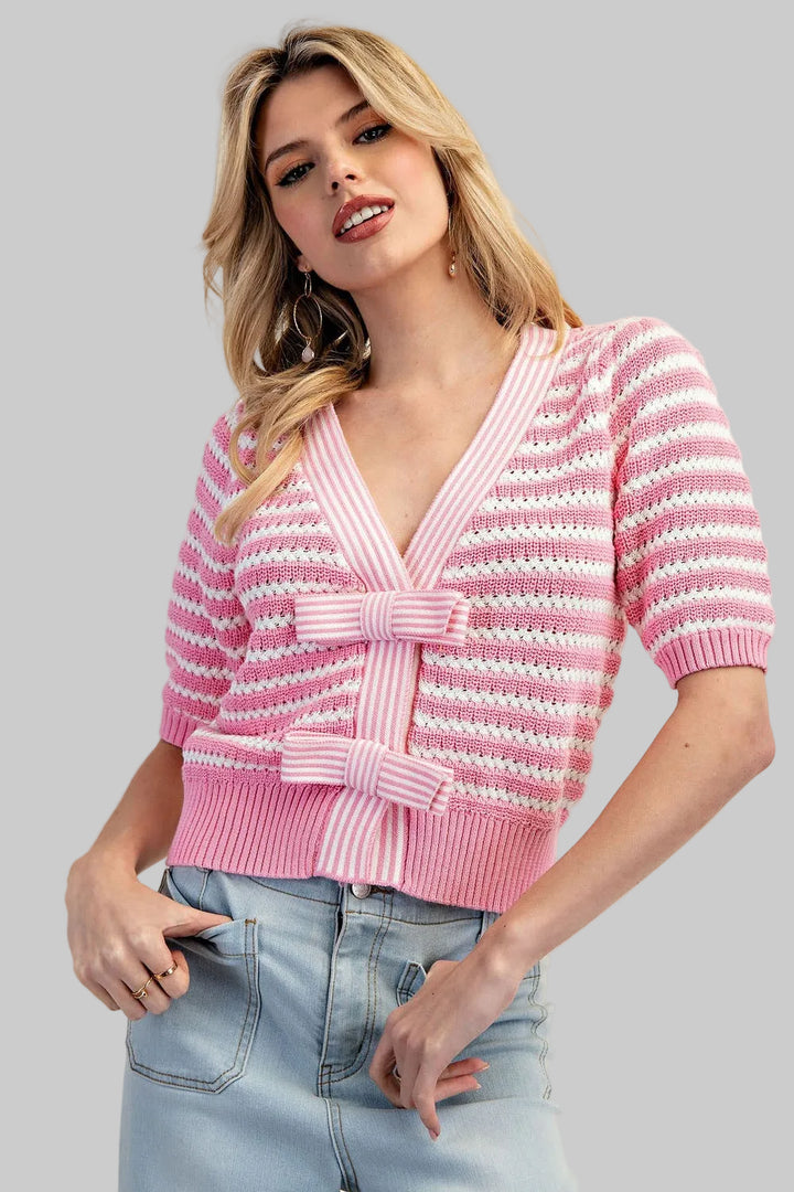 STRIPED V-NECK KNIT CARDIGAN - SWEET PINK