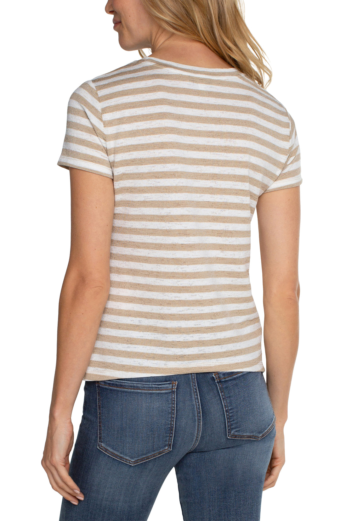 SHORT SLEEVE KNIT TOP W/MITER - CREAM TAN STRIPE