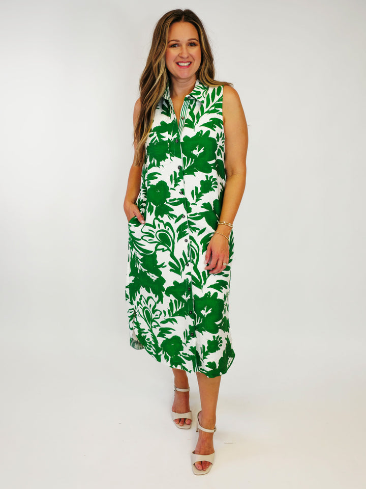 SLEEVELESS TROPICAL PRINT COLLARED MIDI DRESS - GREEN