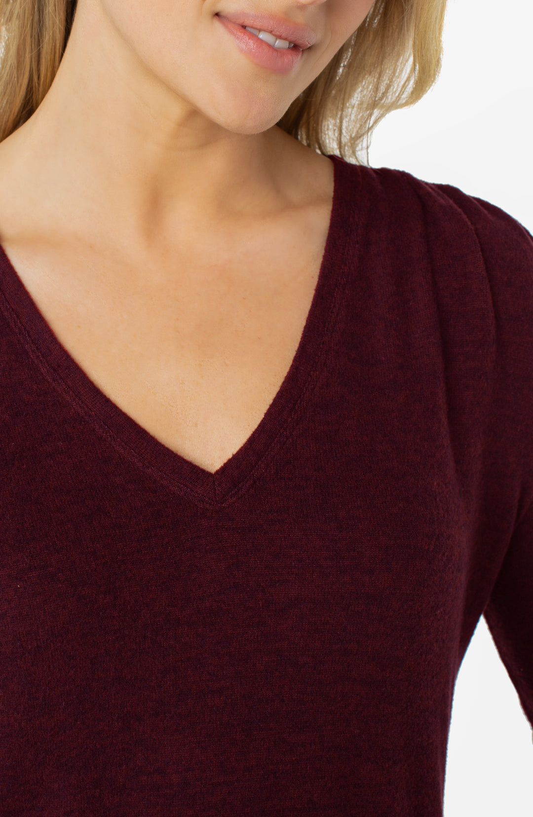 LONG SLEEVE VNECK KNIT TOP W/SHIRRING - MAROON MELANGE