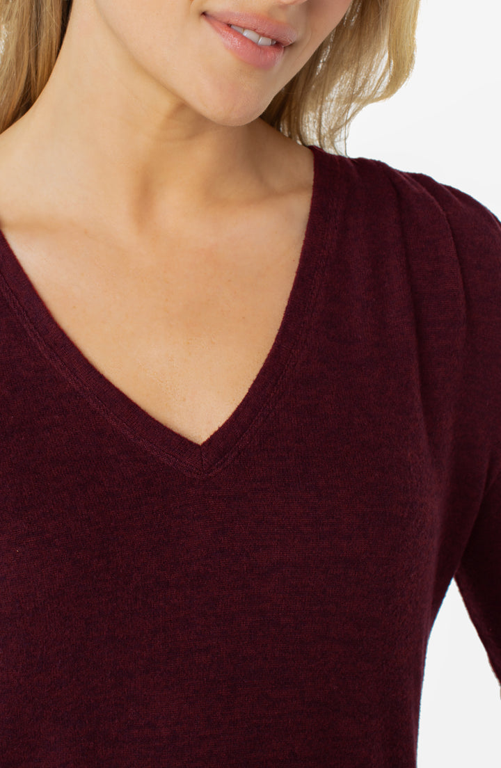 LONG SLEEVE VNECK KNIT TOP W/SHIRRING - MAROON MELANGE