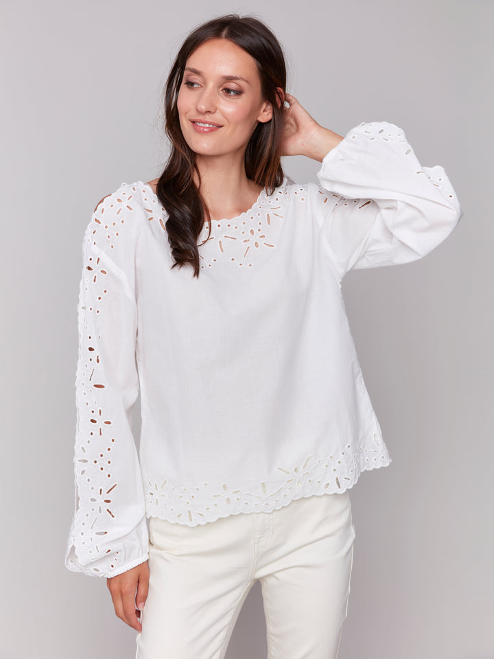 EYELET COTTON LONG SLEEVE BLOUSE - WHITE