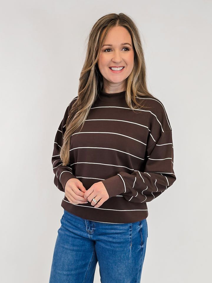 MODAL SCUBA STRIPED CREW NECK TOP - ESPRESSO/CREAM