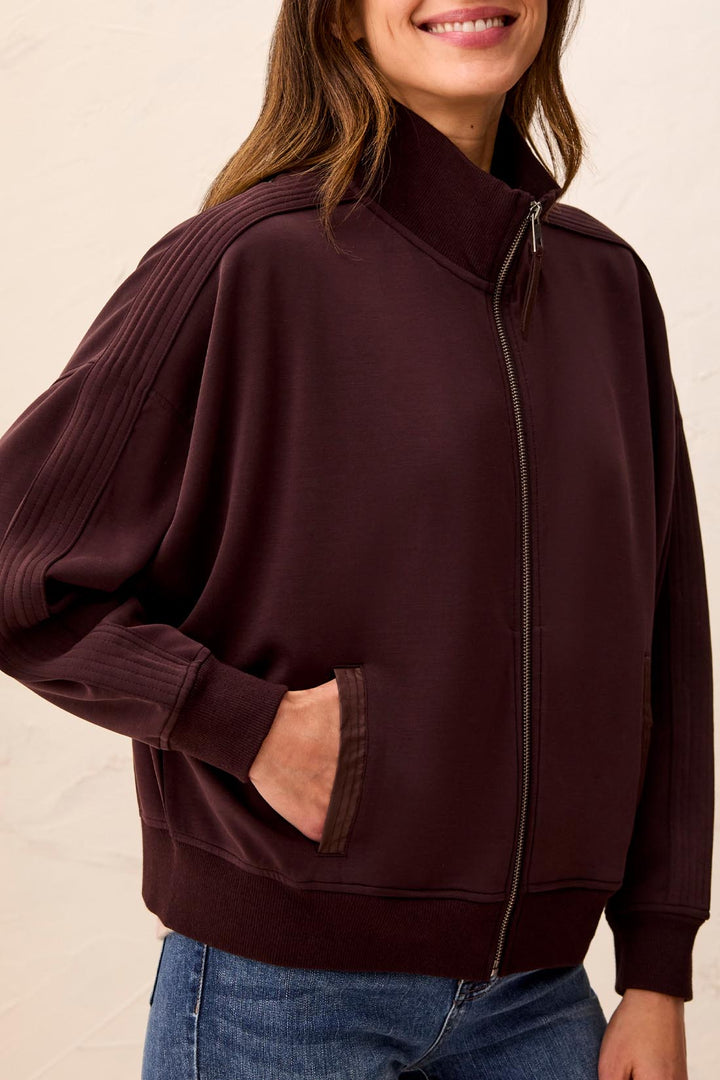 LONG SLEEVE KNIT BOMBER WITH FAUX LEATHER TRIM AND FANCY DETAIL - SADDLE BROWN