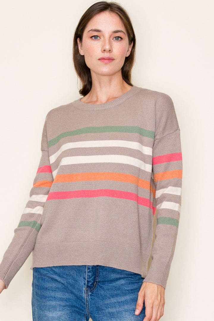 COLOR STRIPE CREW NECK PULLOVER - MOCHA