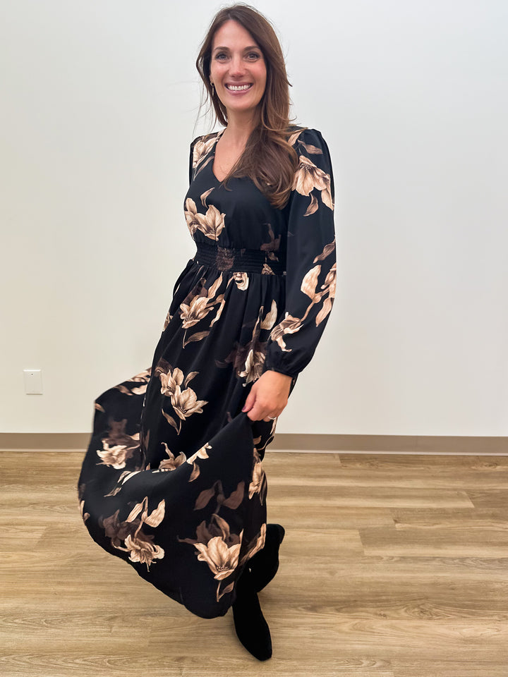 L/S WOVEN SMOCKED MAXI DRESS - BLACK