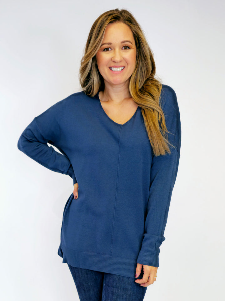 LONG SLEEVE V-NECK HI/LO SWEATER - DARK TEAL