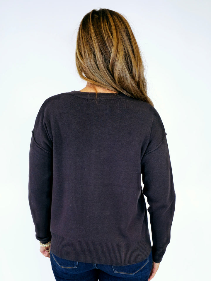 SOLID COLOR CREW NECK SWEATER - CHARCOAL