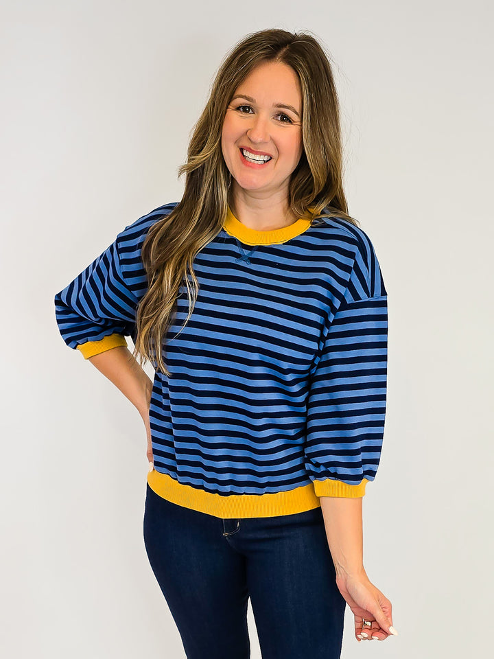 STRIPED COLOR BLOCK 3/4 SLEEVE TOP - DENIM