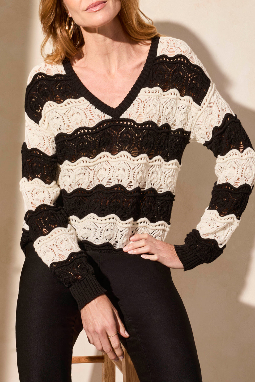 LONG SLEEVE CROCHET SWIRL STRIPE SWEATER - BLACK