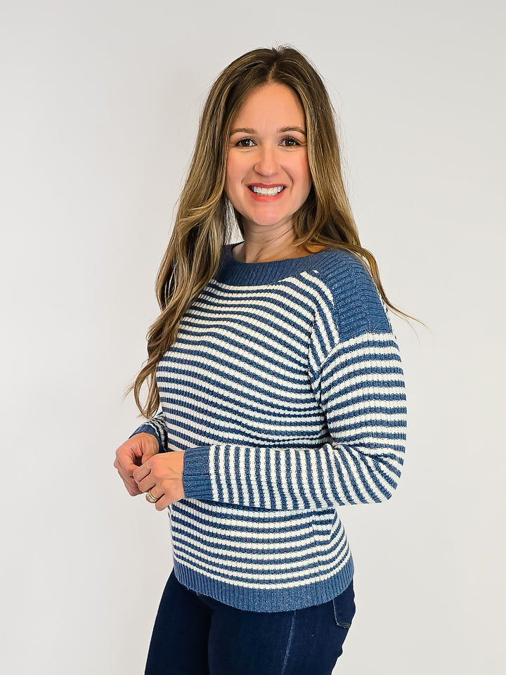 BOAT NECK STRIPED SWEATER - DENIM