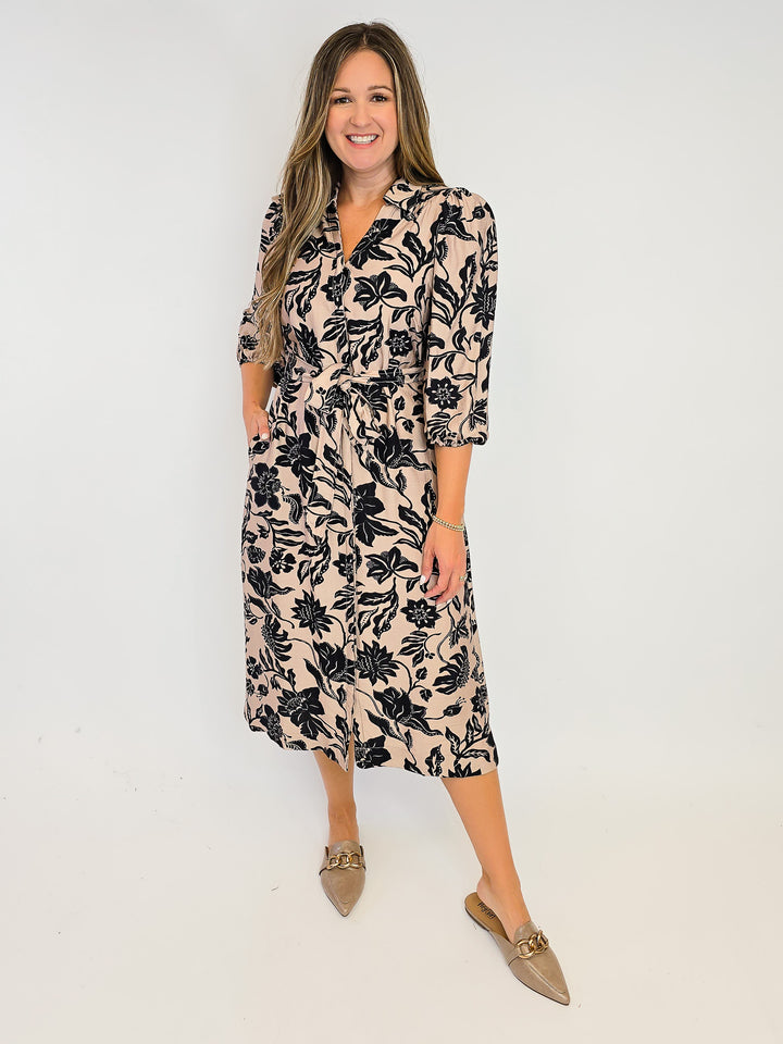 MIX FLORAL PRINT MIDI DRESS W/TIE WAIST - TAUPE MIX