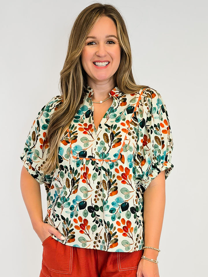 BOTANICAL PRINT V-NECK BAND COLLAR TOP - ECRU