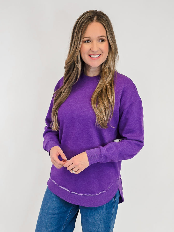 ROYCE LONG SLEEVE ROUNDED HI/LO HEM PULLOVER - PURPLE