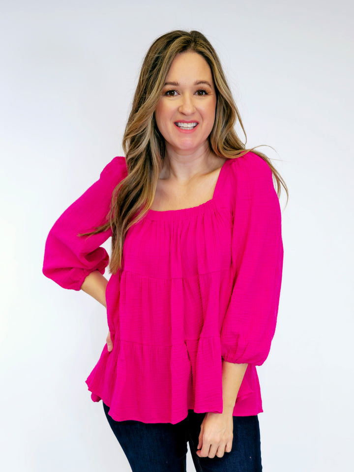 3/4 SLEEVE TIERED GAUZE TOP - FUCHSIA