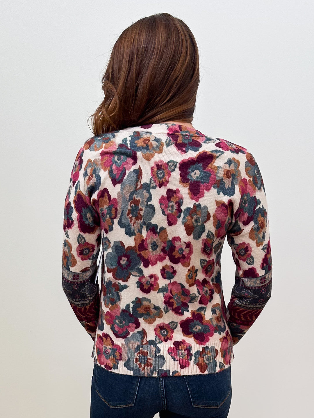 LONG SLEEVE BIG FLORAL CARDIGAN - BERRY