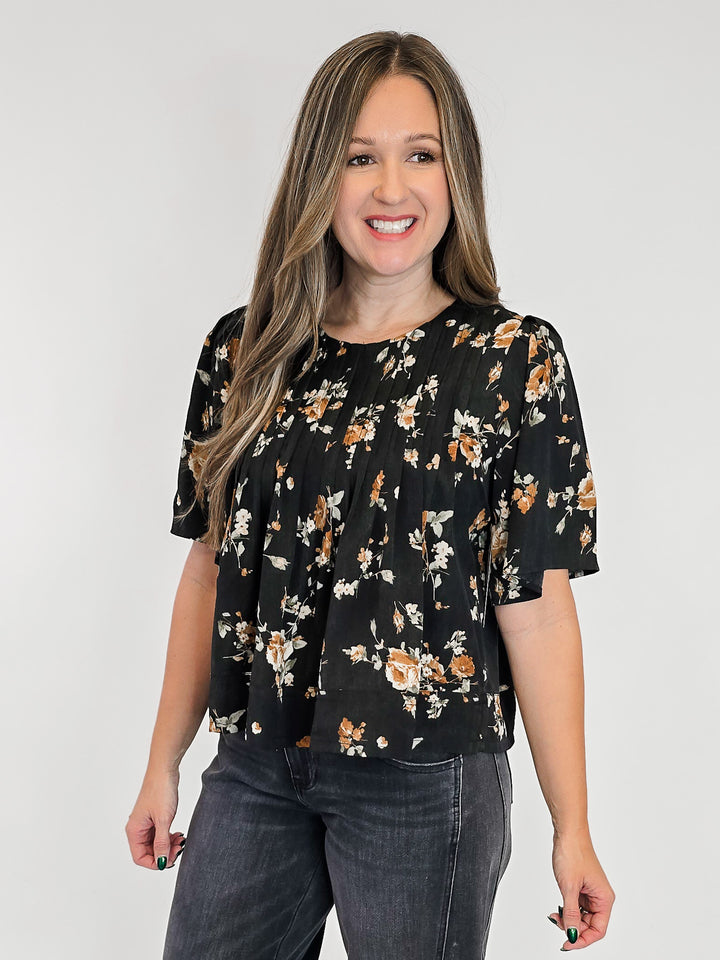 FLOWER PRINT PINTUCK DETAIL BLOUSE - BLACK