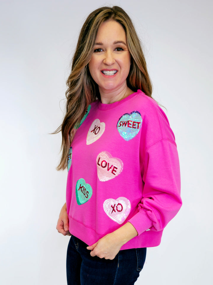 CREW NECK CANDY HEARTS SWEATSHIRT - PINK