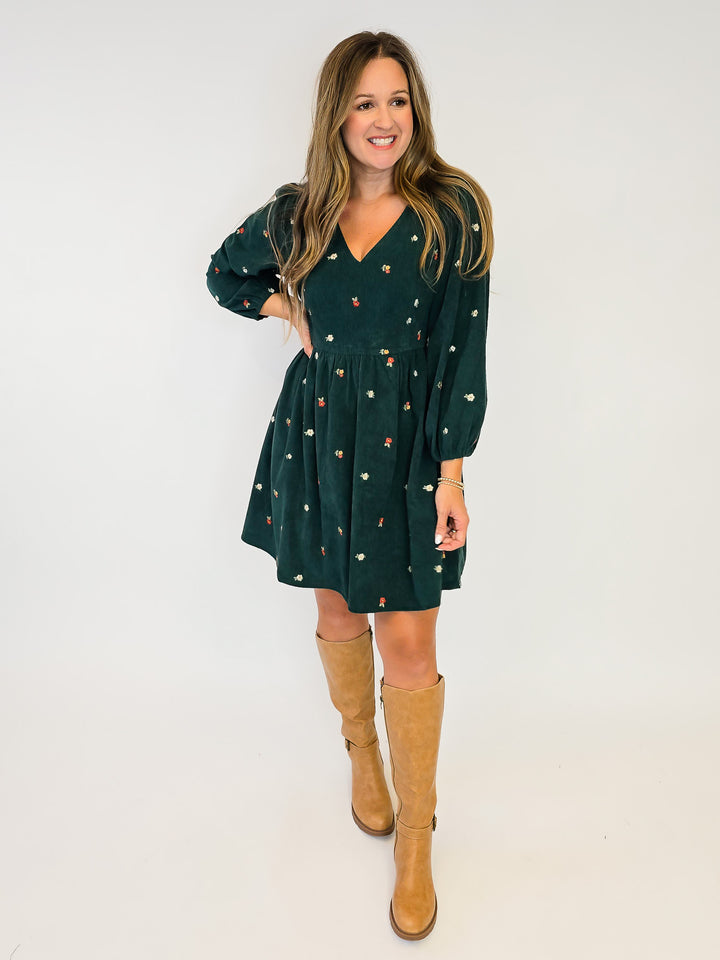 EMBROIDERED CORDUROY SHORT DRESS - HUNTER GREEN