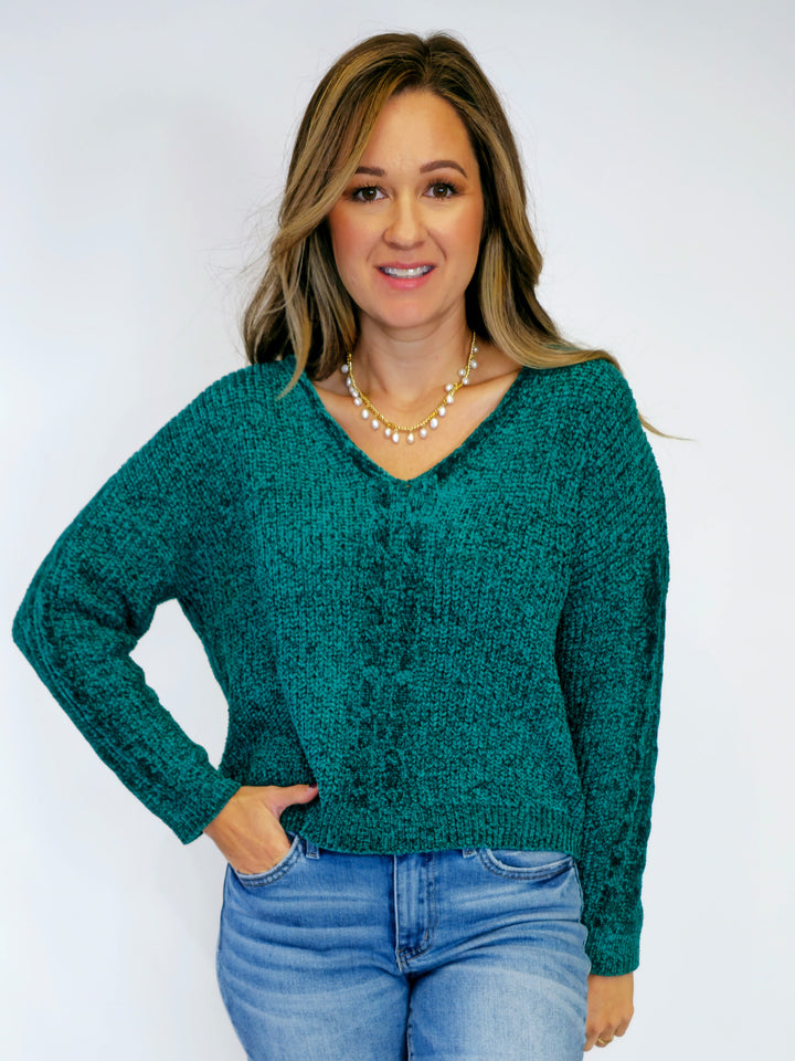 CHENILLE V-NECK SWEATER - TEAL