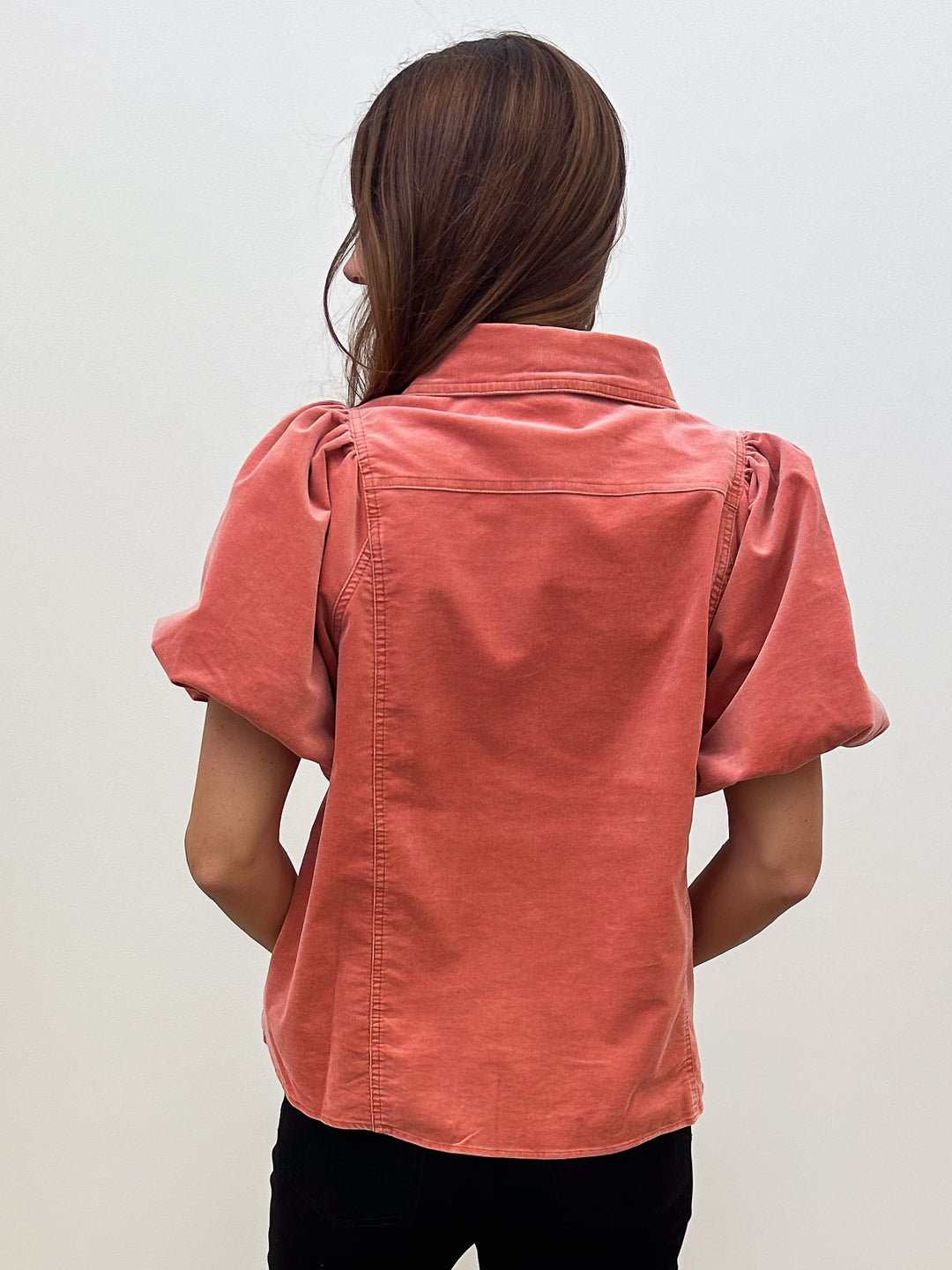BUBBLE SLEEVE STRIPED MINERAL WASHED DENIM SHIRT - RUST
