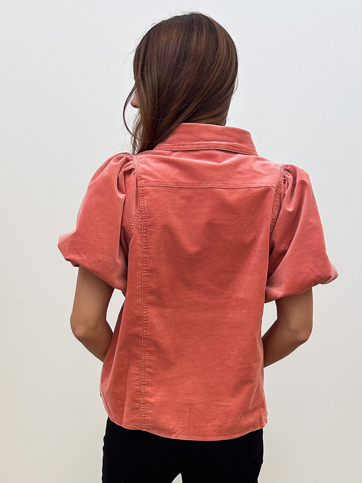 BUBBLE SLEEVE STRIPED MINERAL WASHED DENIM SHIRT - RUST
