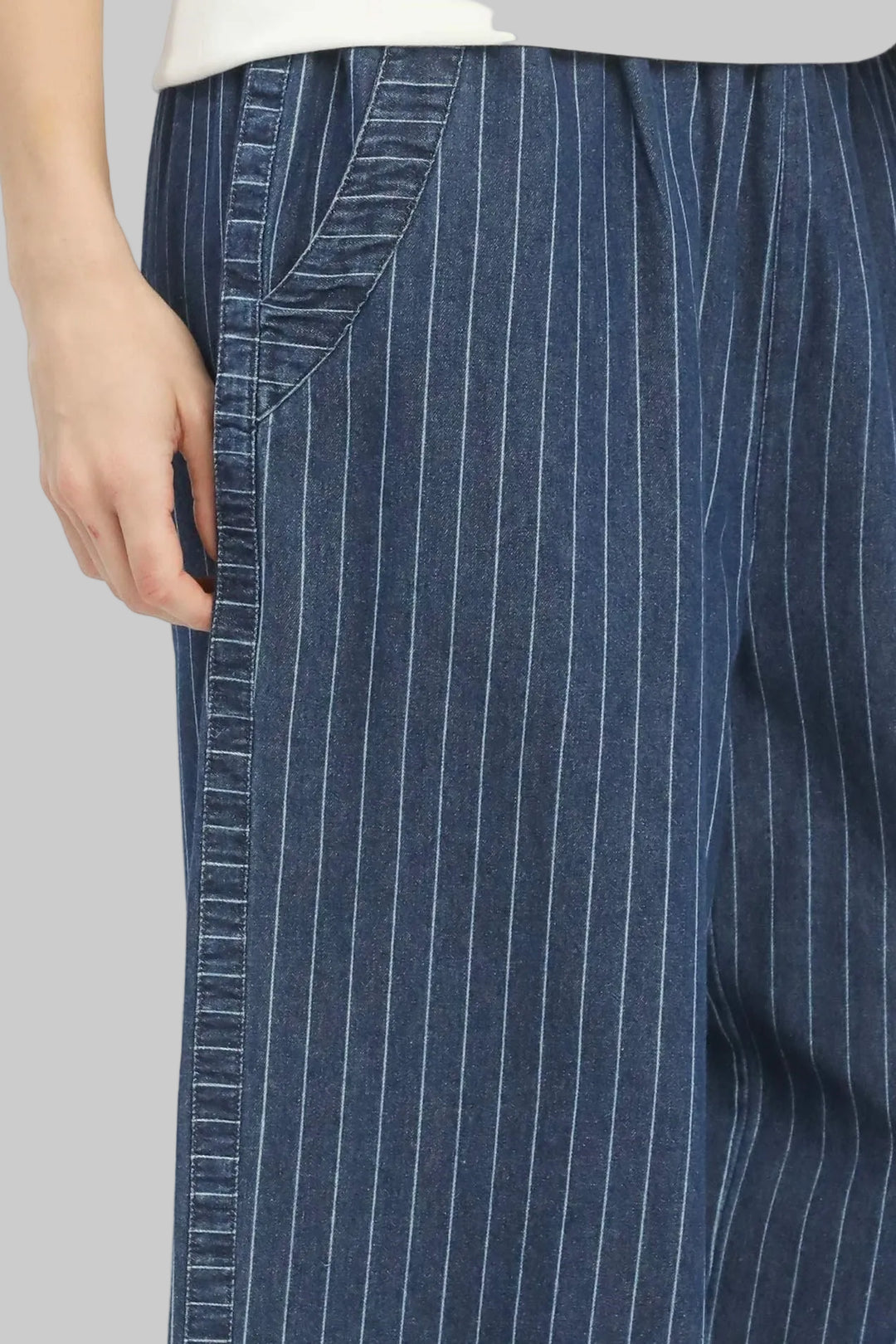 DENIM PINSTRIPE WIDE LEG PANTS - DARK DENIM