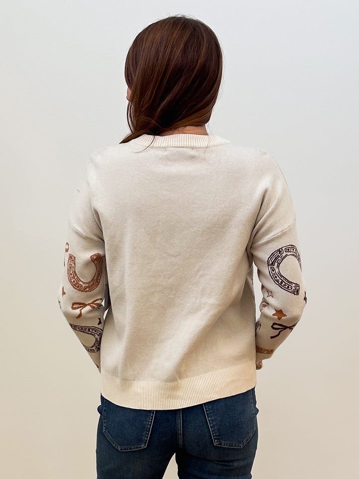 LONG SLEEVE CREW NECK WESTERN JACQUARD TOP - IVORY/CAMEL