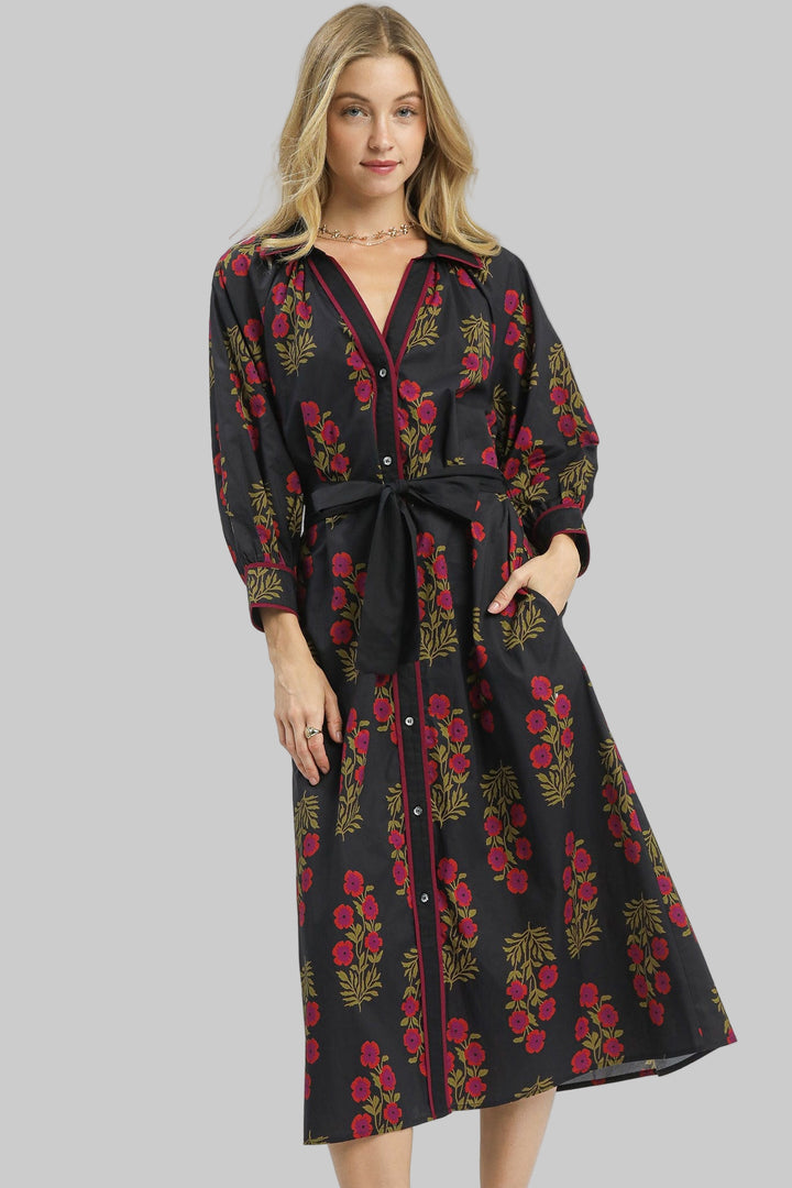 FLORAL BUTTON FRONT MAXI SHIRT DRESS - BLACK MIX