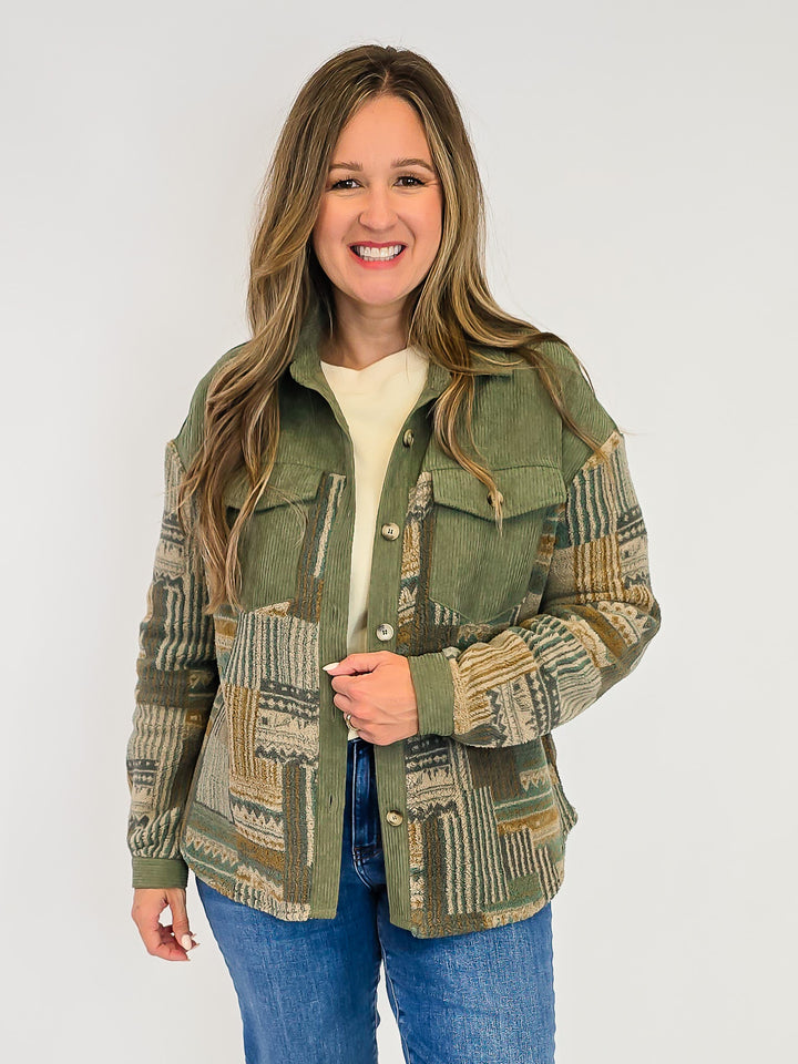 PATTERNED FLEECE CORDUROY BUTTON DOWN SHACKET - OLIVE