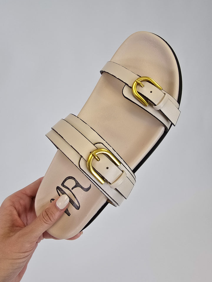SLIP ON DOUBLE BUCKLE SANDALS - CREAM