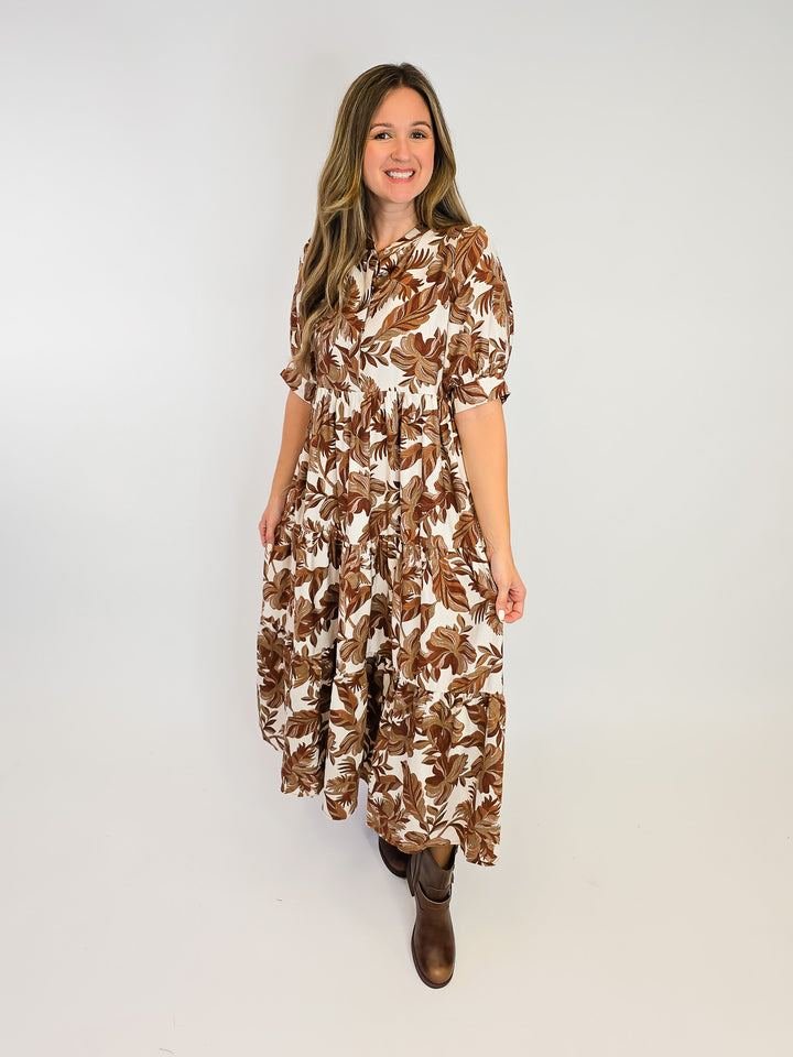 BOHO LEAF PRINT TIERED MIDI DRESS - BROWN MIX