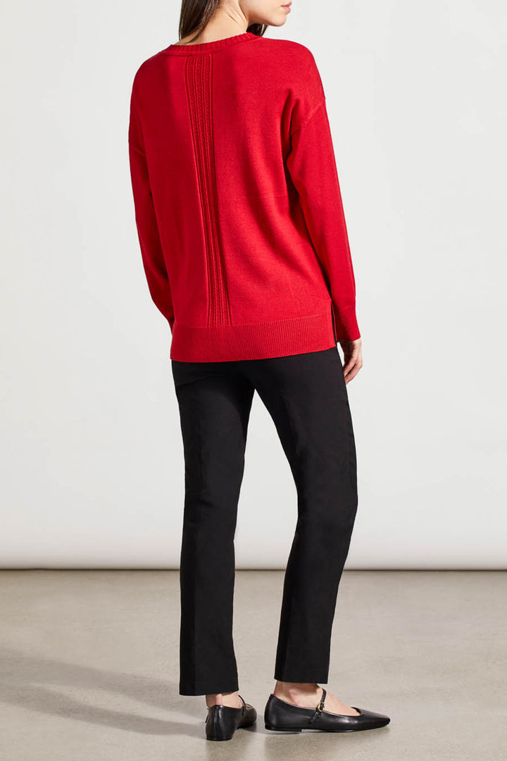 LONG SLEEVE V-NECK SWEATER W/CABLES - SCARLET