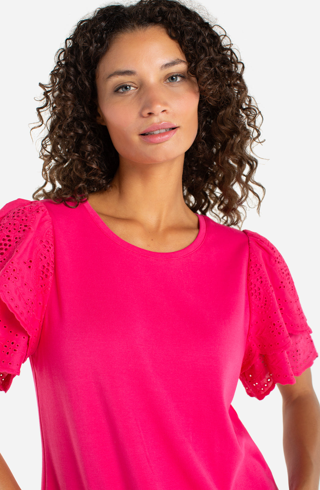 SHORT SLEEVE KNIT-TO-WOVEN TOP W/EMBROIDERY - DIVA PINK