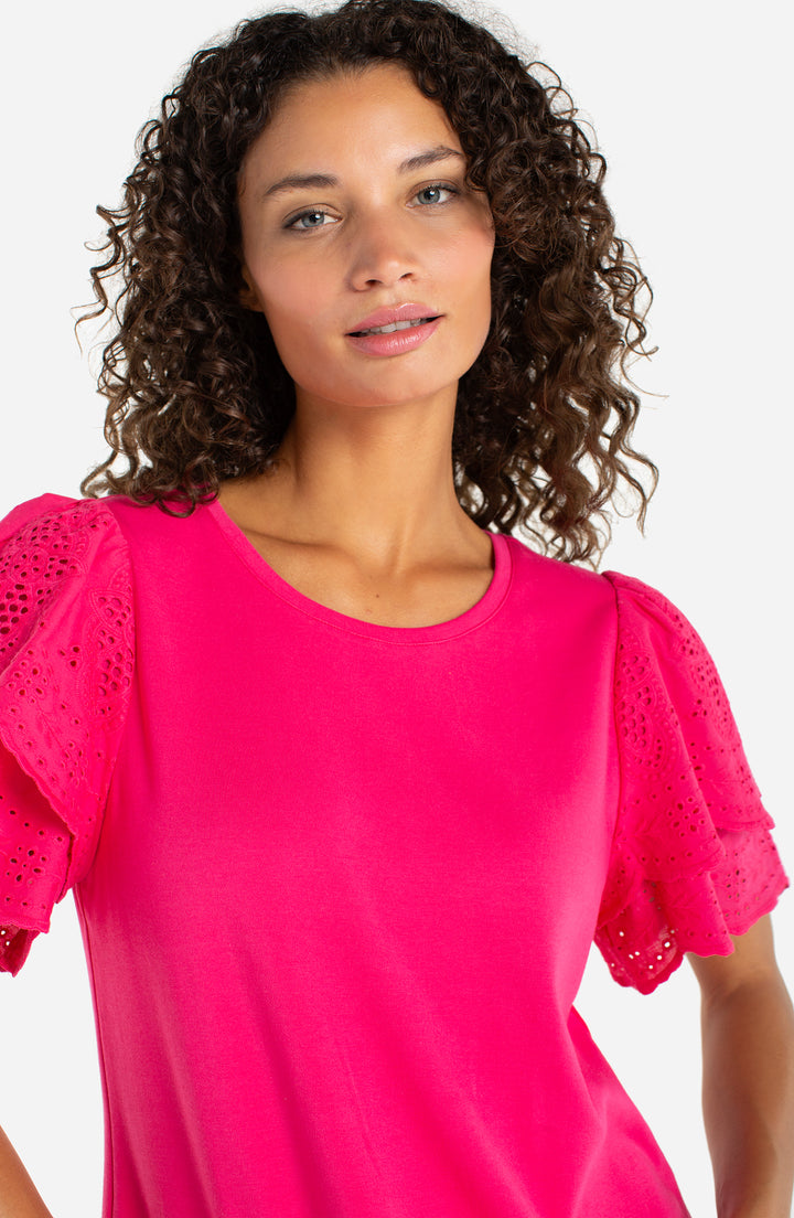SHORT SLEEVE KNIT-TO-WOVEN TOP W/EMBROIDERY - DIVA PINK