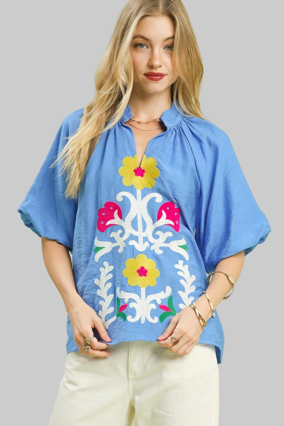 BUBBLE SLEEVE EMBROIDERED BOHO TOP - CERULEAN