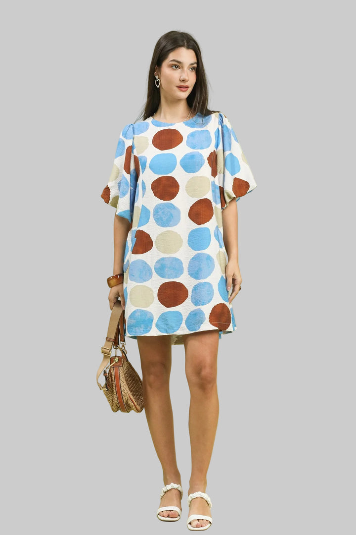 BUBBLE SLEEVE CIRCLE PRINT CONTRAST SHORT DRESS - AQUA MIX