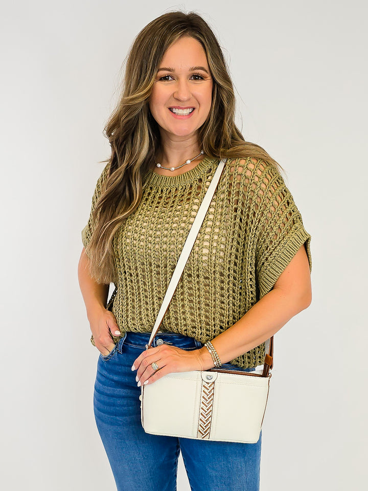 CROCHET KNIT SHORT SLEEVE SWEATER TOP - DRY HERB