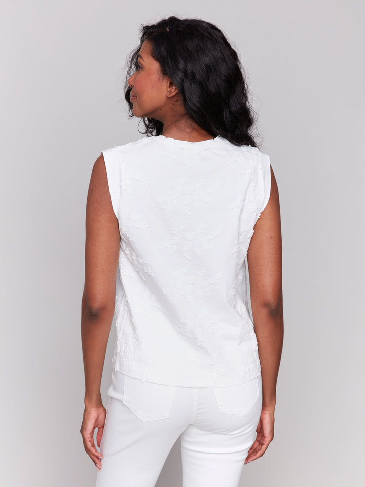 EMBROIDERED SLEEVELESS CREW NECK TOP - WHITE