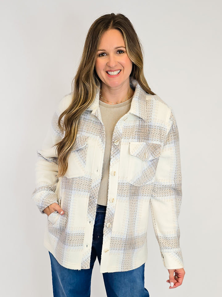 BUTTON UP PLAID PLUSH SHACKET - IVORY/ LIGHT BROWN