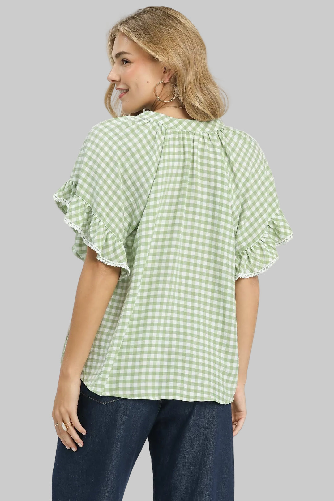 TULIP RUFFLE SLEEVE GINGHAM TOP W/LACE TRIM - SAGE