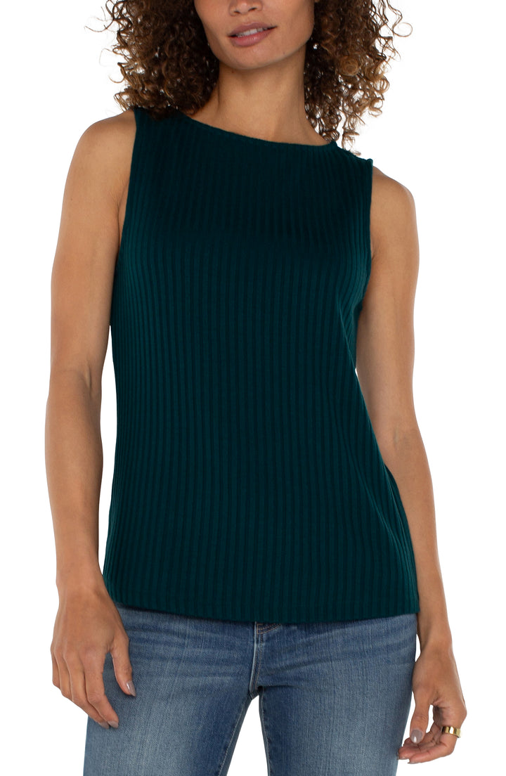 SLEEVELESS BOAT NECK RIB KNIT TOP - DARK FOREST