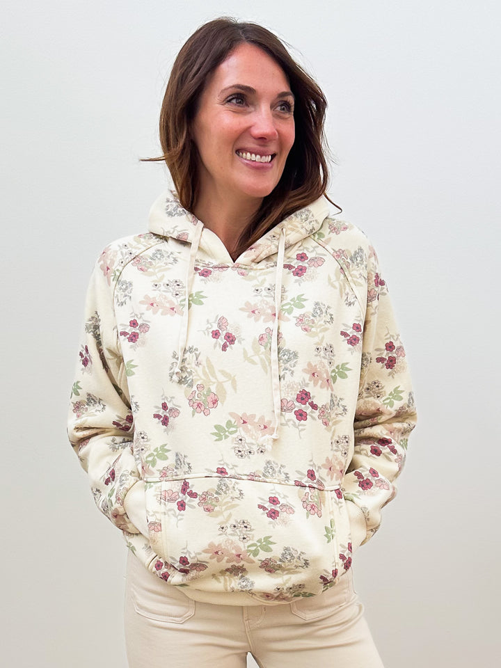 BRUSHED TERRY FLORAL HOODIE PULLOVER - ECRU