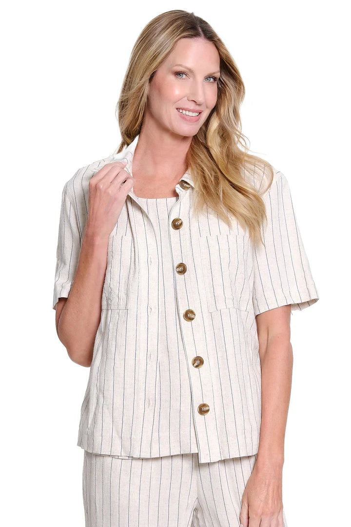 SHORT SLEEVE BUTTON FRONT JACKET - PINSTRIPE FLAX