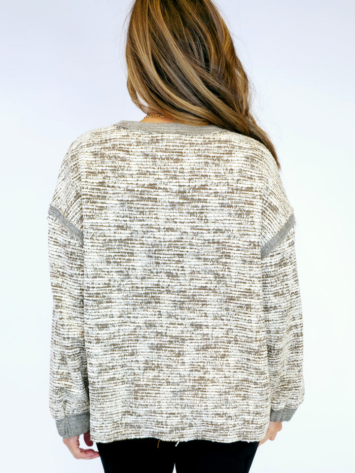 HEATHERED JACQUARD PULLOVER SWEATER - MOCHA