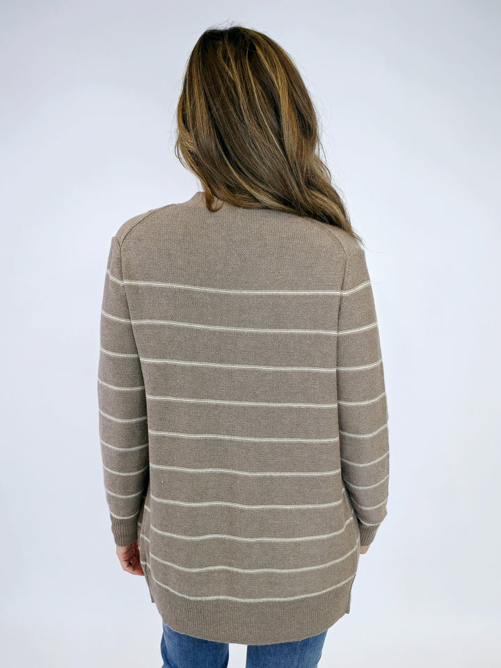 STRIPED CARDIGAN W/POCKETS - MOCHA