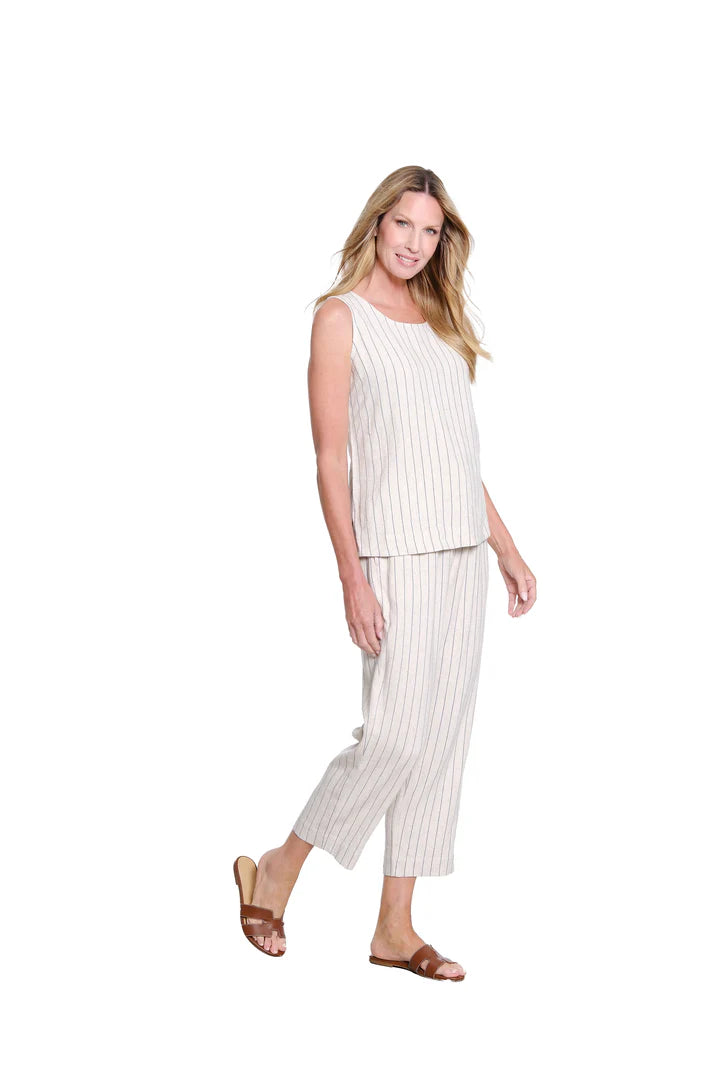 DRAWSTRING ELASTIC WAIST PULL ON CROP PANTS - PINSTRIPE FLAX
