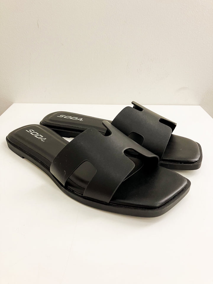 SODA SLIP ON FAUX LEATHER KNIT SANDALS - BLACK