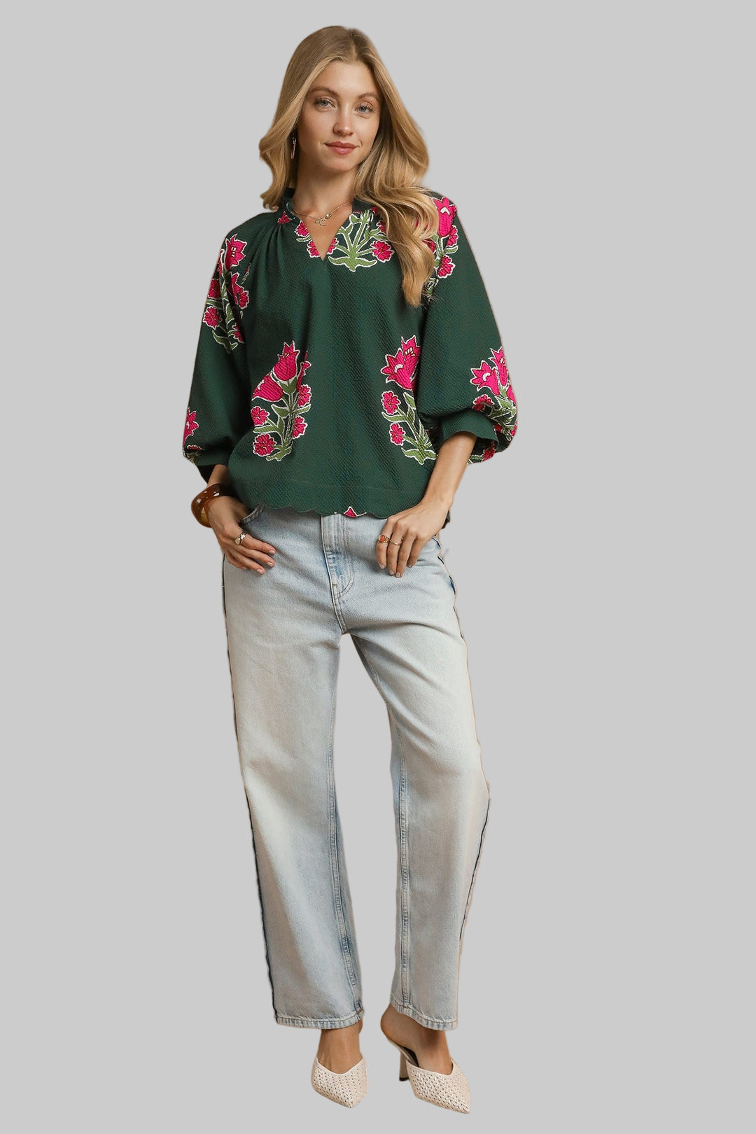 BUBBLE SLEEVE TULIP PRINT TOP - FOREST GREEN